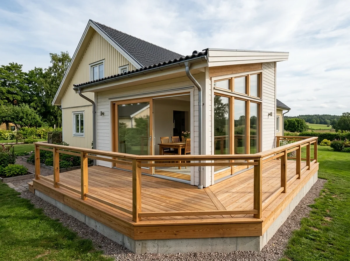 Modernt vitt hus med stor träaltan och panoramafönster i grön trädgård.