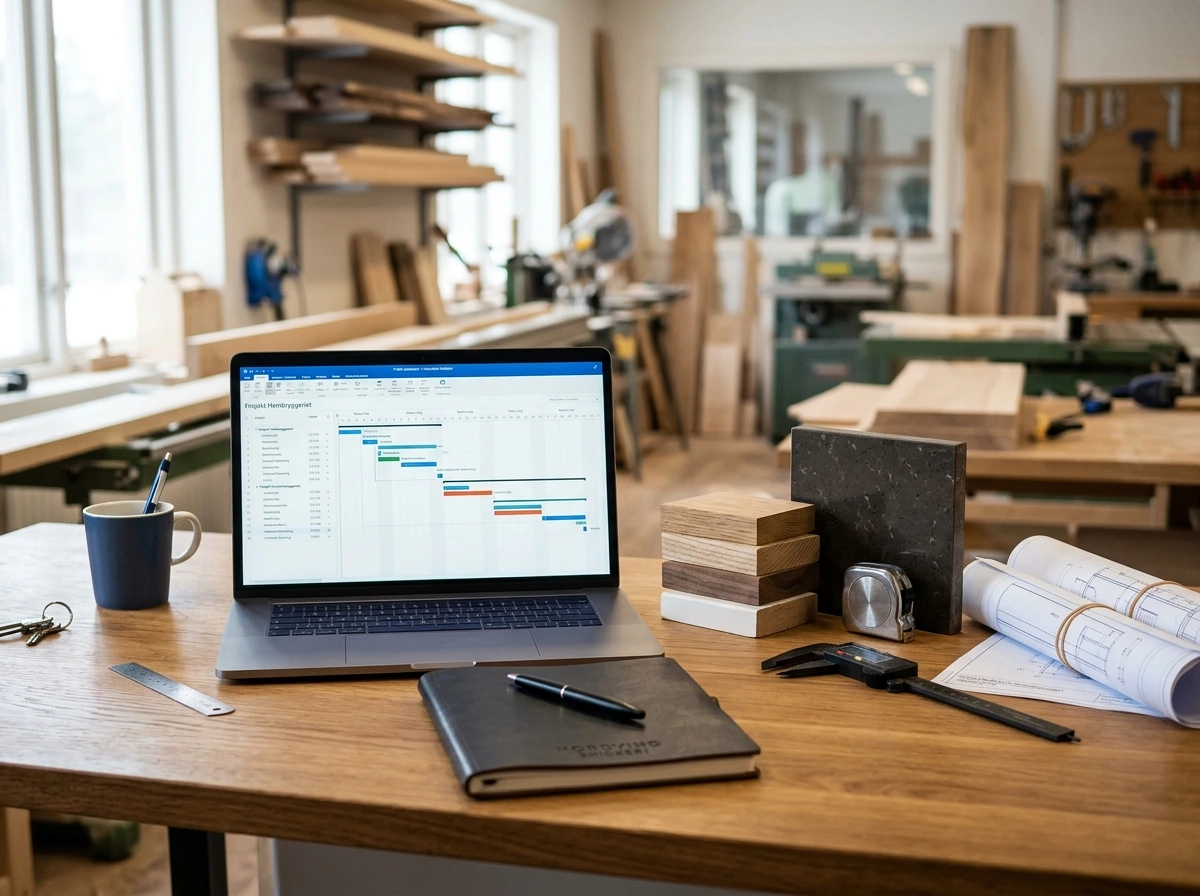 Laptop med projektschema på skrivbord i snickeriverkstad med träprover och ritningar.